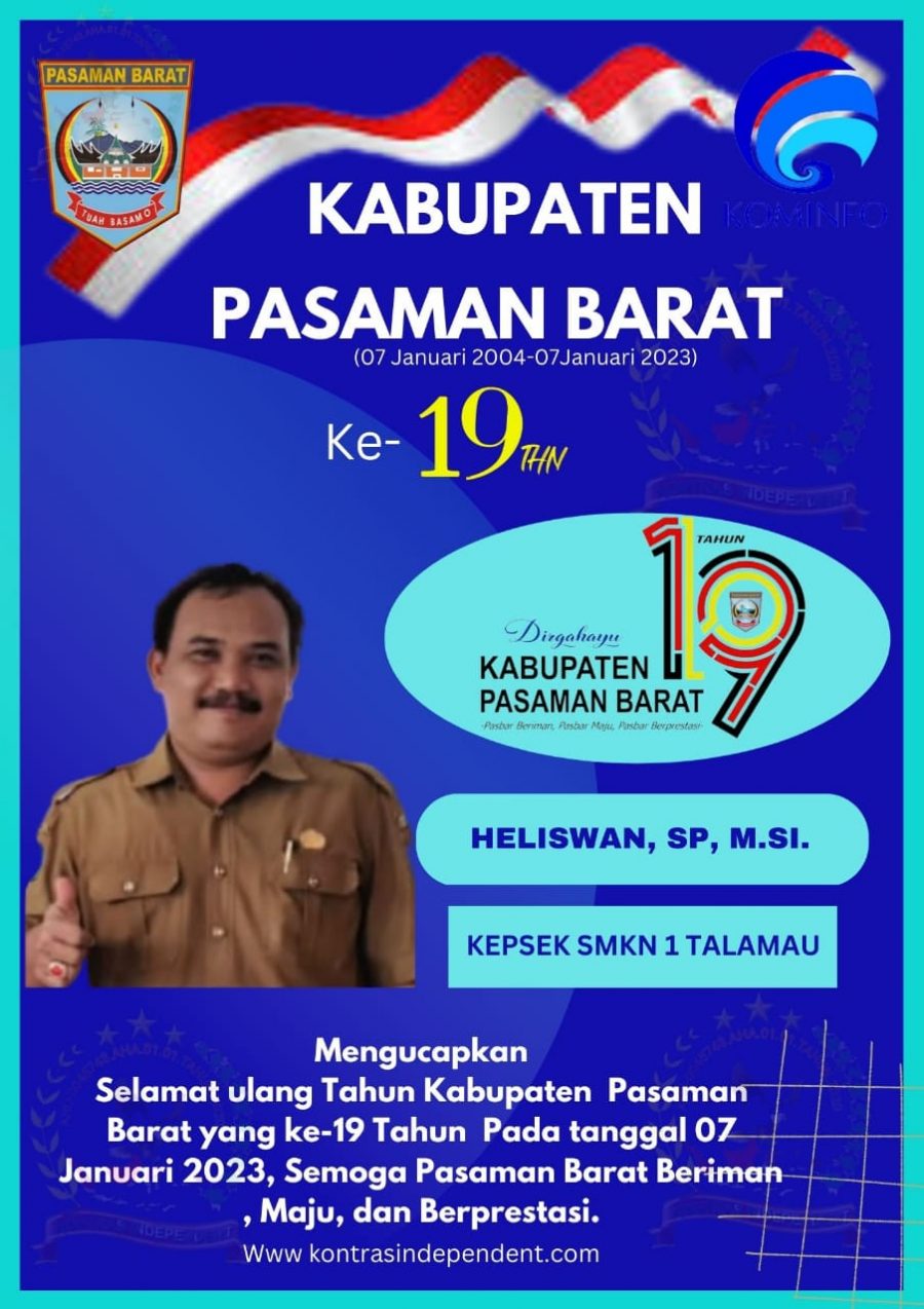 Ucapan Dirgahayu Pasaman Barat Ke 19 HELISWAN,SP,M.SI.Selaku Kepala Sekolah SMK N 1 Talamau