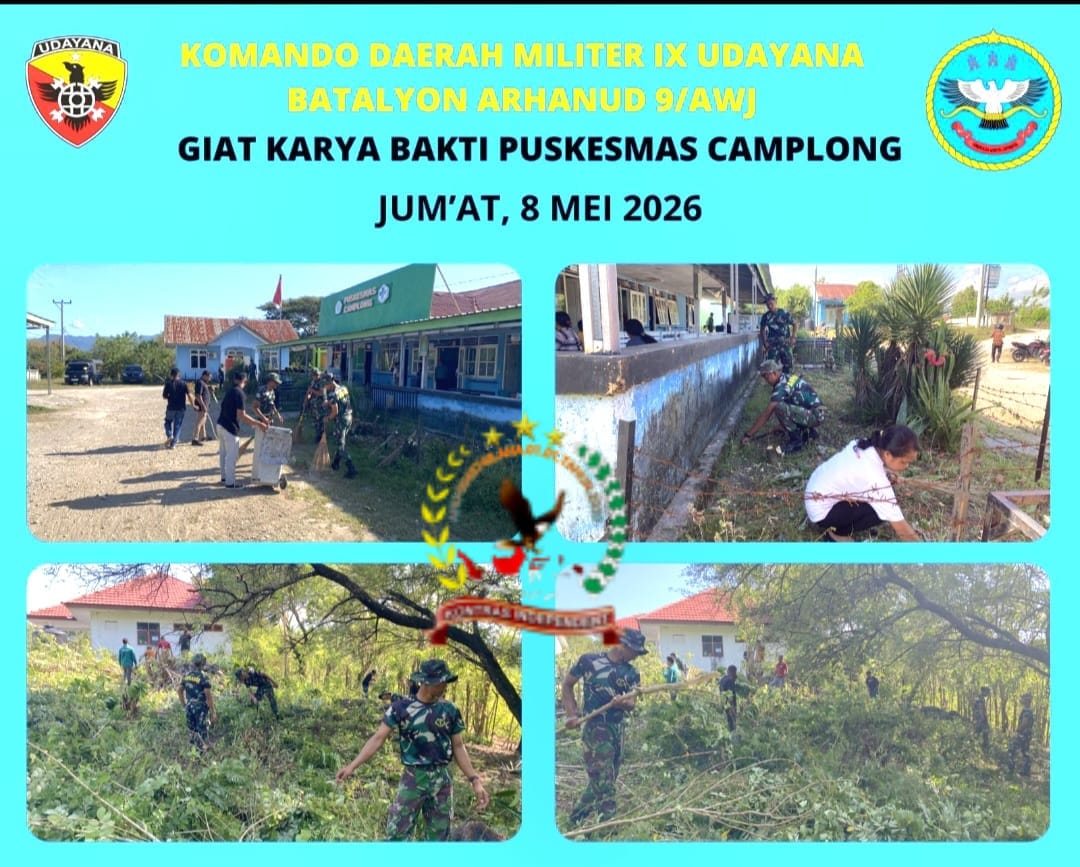 Rayakan HUT Satuan, Puluhan Prajurit Arhanud 9/AWJ Bersihkan Puskesmas Camplong