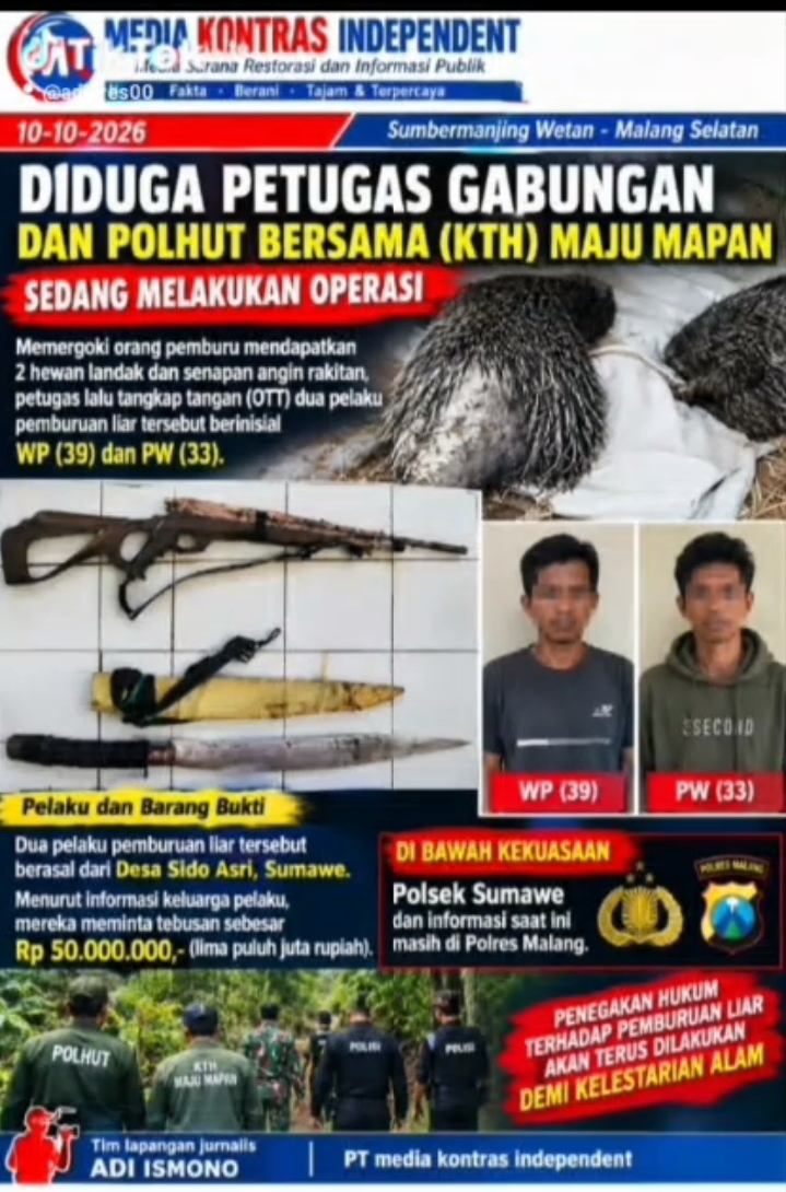 DUA PELAKU PEMBURUAN LIAR DI SUMAWE DITANGKAP, DUA EKOR LANDAK DAN SENAPAN DISITA
